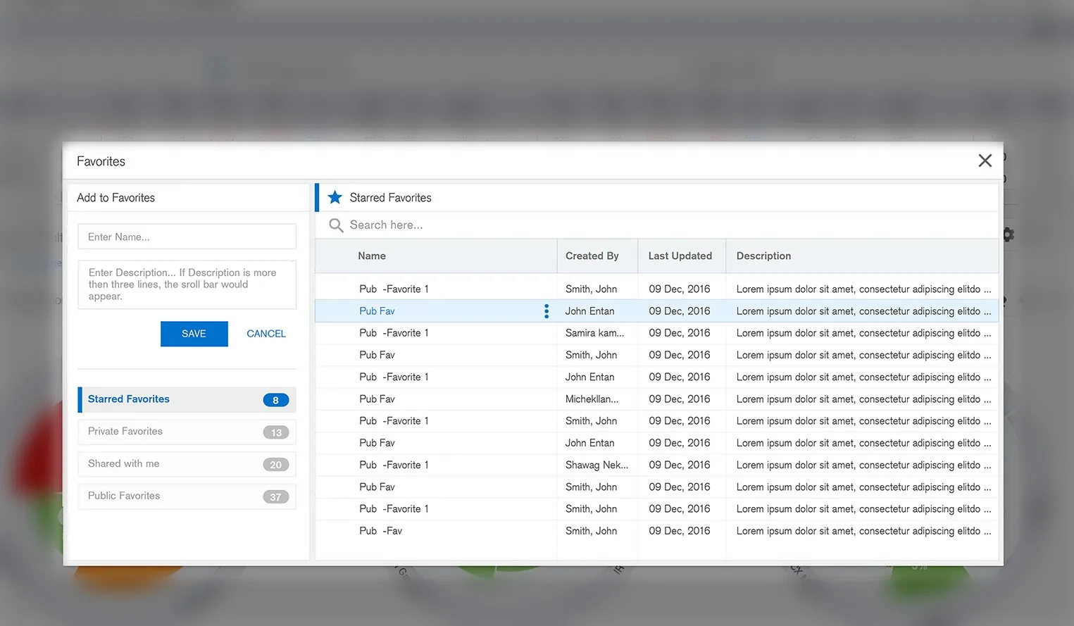 Favorites / saved-views modal