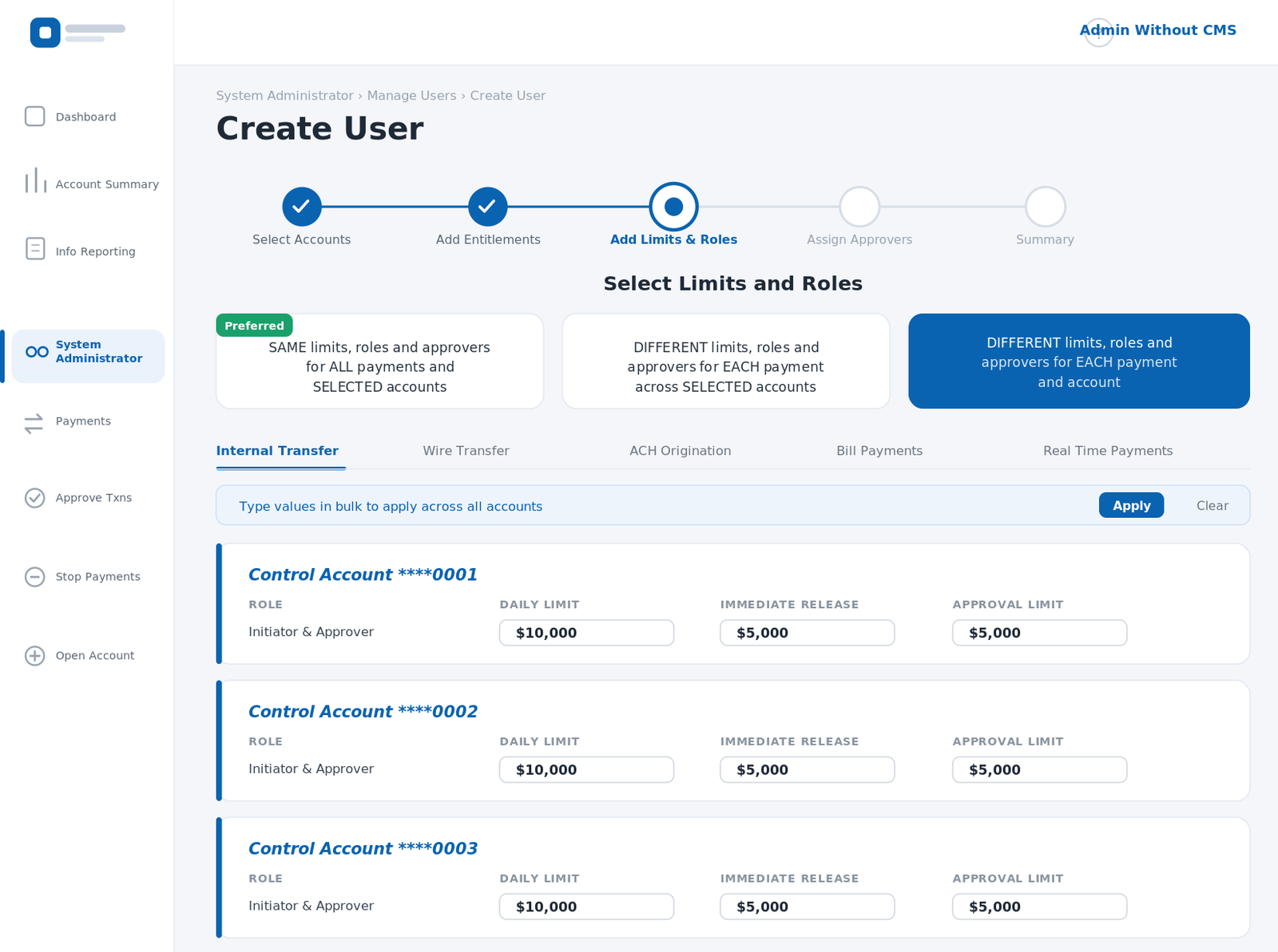 Different limits per control account