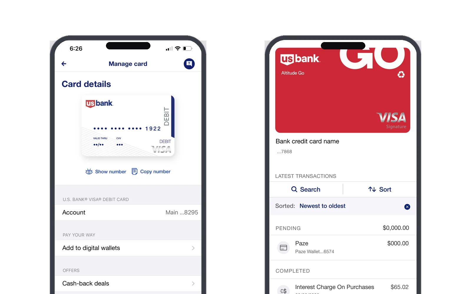 Two Paze wallet screens — manage cards and pay your way